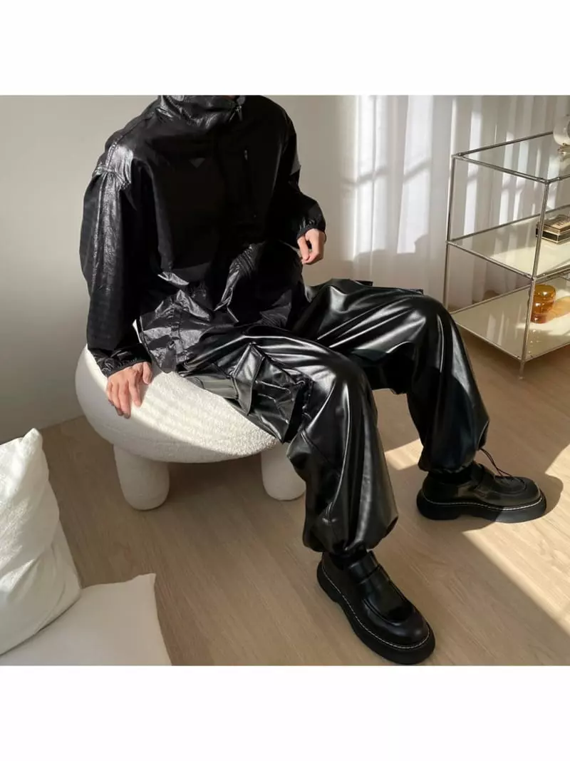 Eden - Korean Women Fashion - #womensfashion - Leather Wide Cargo Pants (blk)