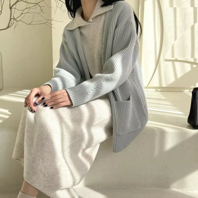 Floaty - Korean Women Fashion - #momslook - Poby No Collar Zip-Up Knit Cardigan - 11