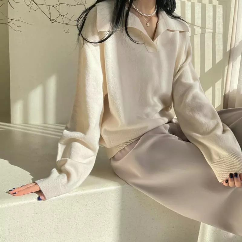 Floaty - Korean Women Fashion - #restrostyle - Odd Collar Knit Tee - 7