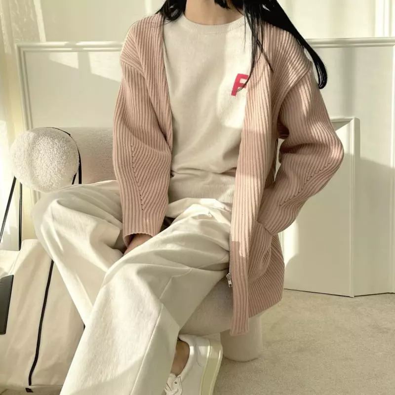 Floaty - Korean Women Fashion - #shopsmall - Poby No Collar Zip-Up Knit Cardigan - 2