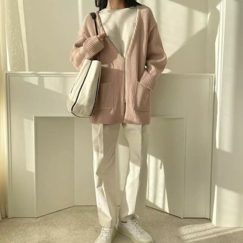 Floaty - Korean Women Fashion - #thatsdarling - Poby No Collar Zip-Up Knit Cardigan - 4