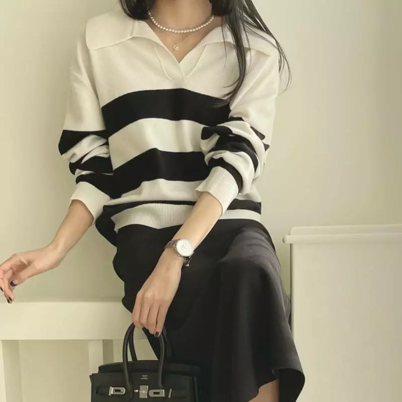Floaty - Korean Women Fashion - #womensfashion - Odd Collar Knit Tee - 3