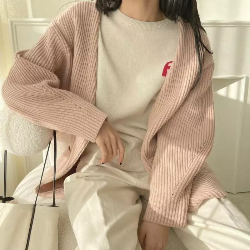 Floaty - Korean Women Fashion - #womensfashion - Poby No Collar Zip-Up Knit Cardigan - 6