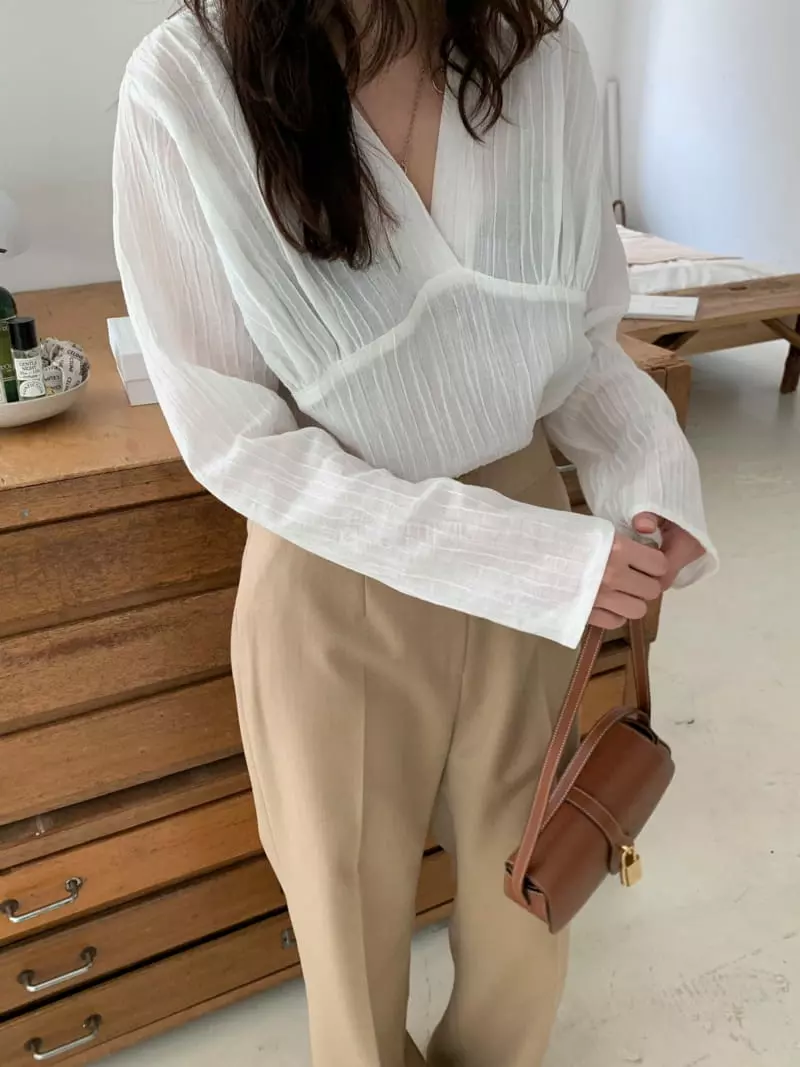 Fre - Korean Women Fashion - #momslook - V Shirring Blouse