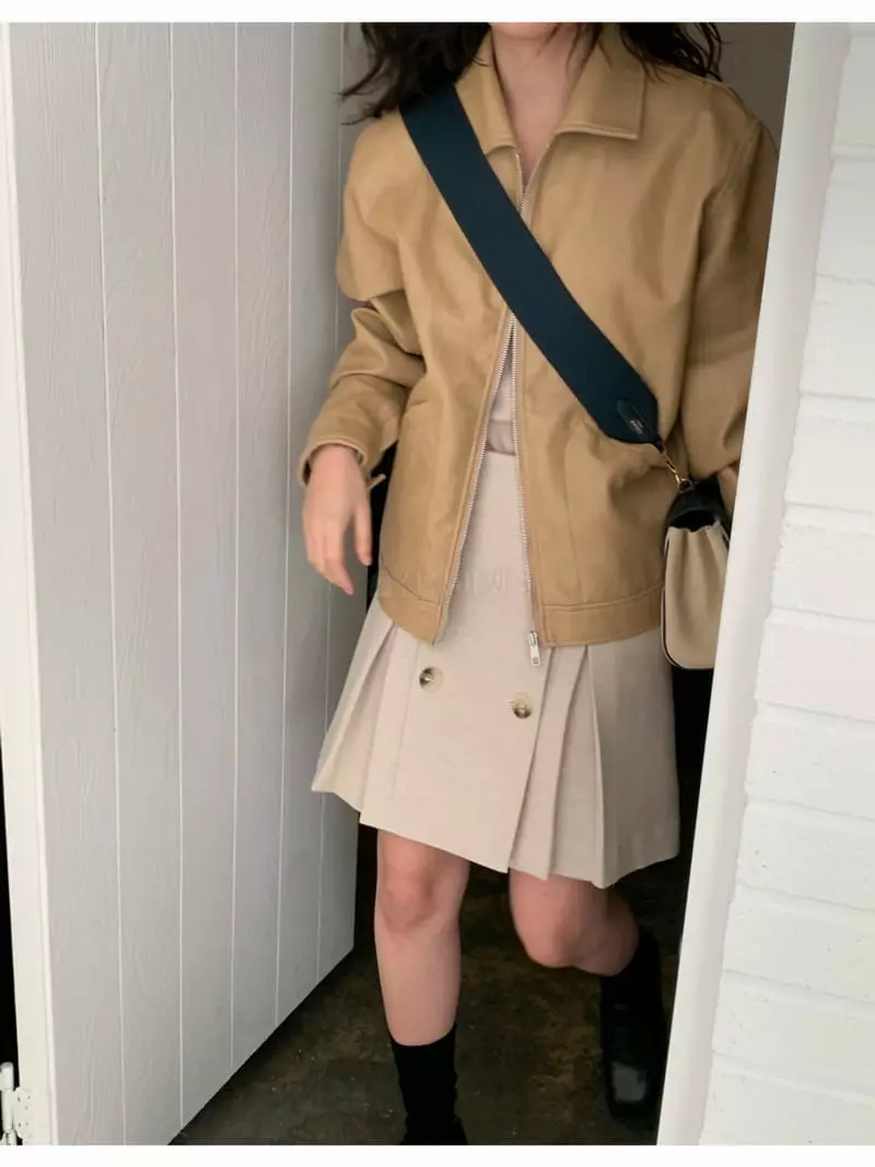 Fre - Korean Women Fashion - #momslook - Leather Zip-up Jacket