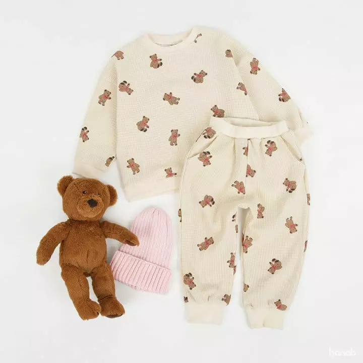 Hanab - Korean Children Fashion - #discoveringself - Bear Waffle Top Bottom Set - 2