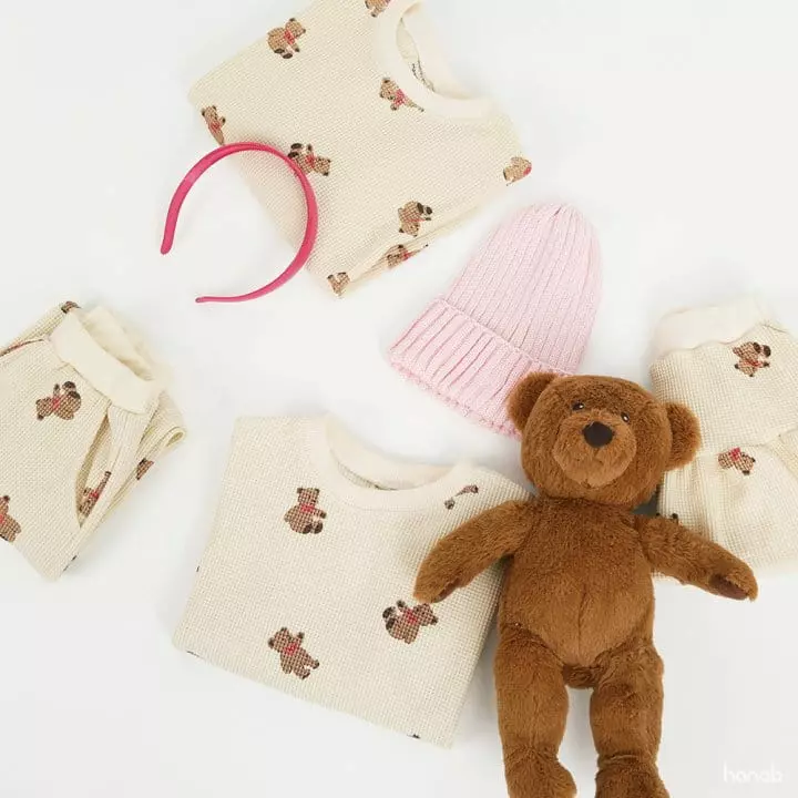 Hanab - Korean Children Fashion - #fashionkids - Bear Waffle Top Bottom Set - 3