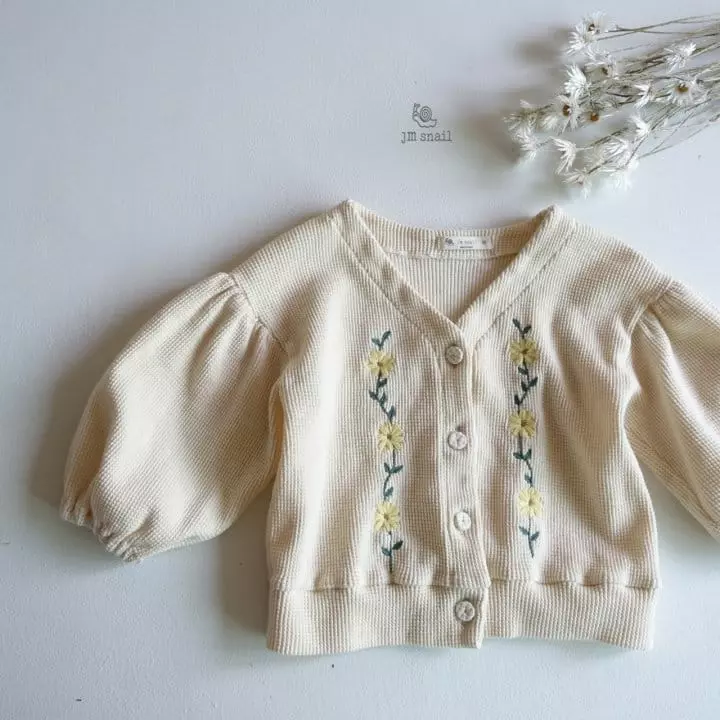 JM Snail - Korean Children Fashion - #childofig - Flower Embroidery Waffle Cardigan - 5