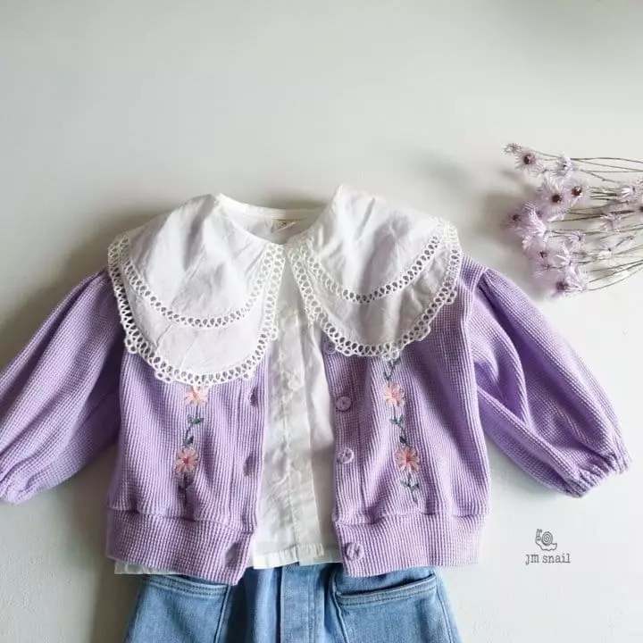 JM Snail - Korean Children Fashion - #designkidswear - Flower Embroidery Waffle Cardigan - 7