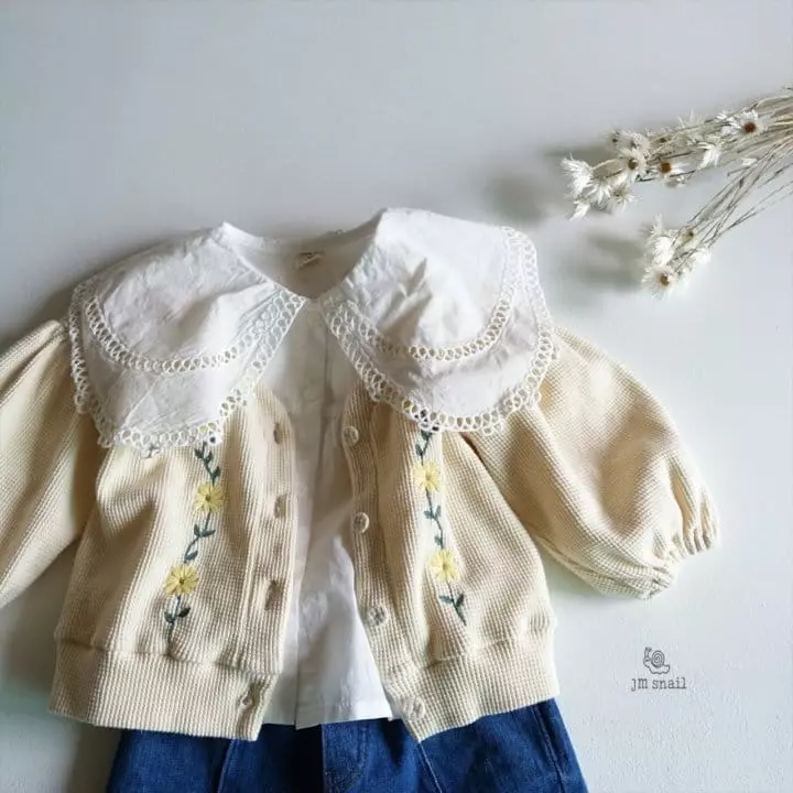 JM Snail - Korean Children Fashion - #discoveringself - Flower Embroidery Waffle Cardigan - 8