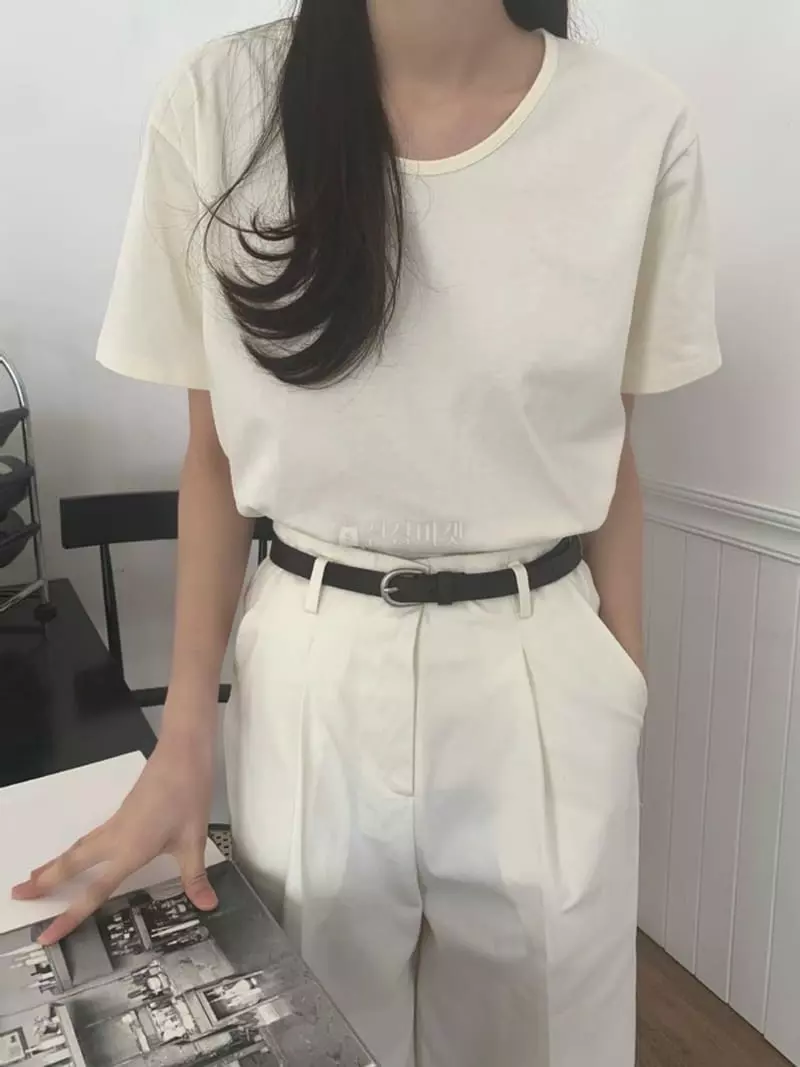Jinsim - Korean Women Fashion - #momslook - Silkat U-Neck Tee - 2