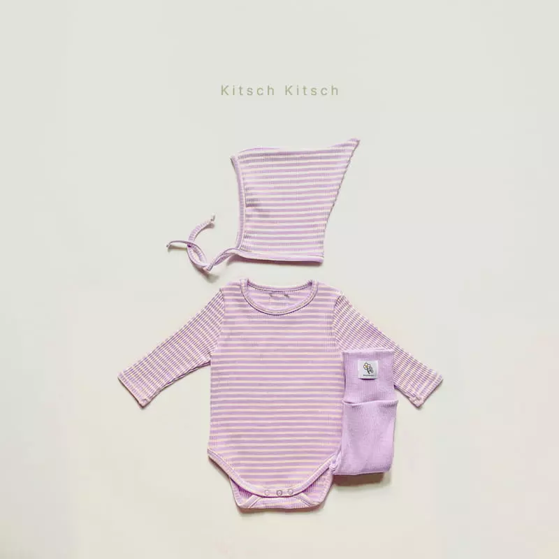 Kitsch Kitsch - Korean Baby Fashion - #babygirlfashion - Stripes Rib Bodysuit with Bonnet