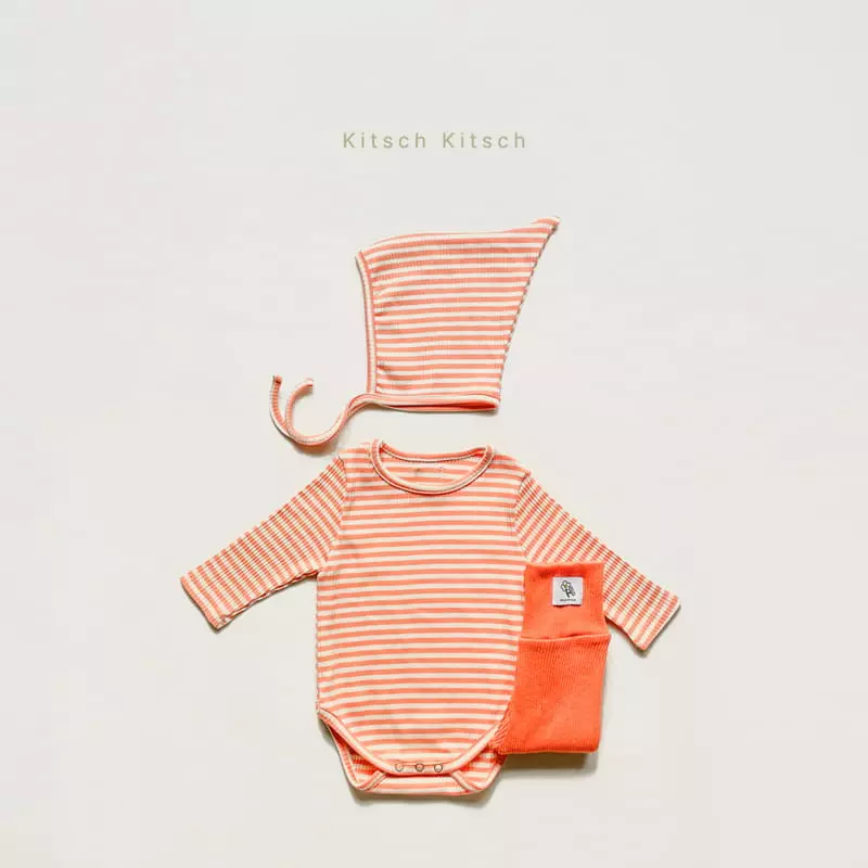 Kitsch Kitsch - Korean Baby Fashion - #babyoninstagram - Stripes Rib Bodysuit with Bonnet - 3