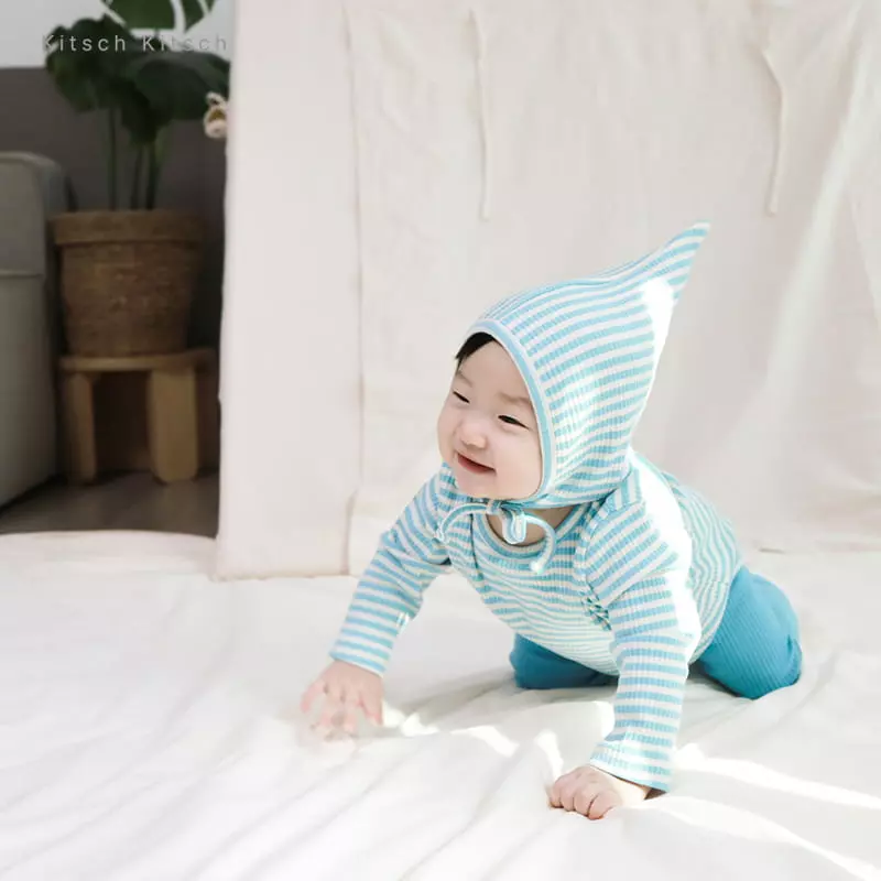 Kitsch Kitsch - Korean Baby Fashion - #babyoutfit - Stripes Rib Bodysuit with Bonnet - 5