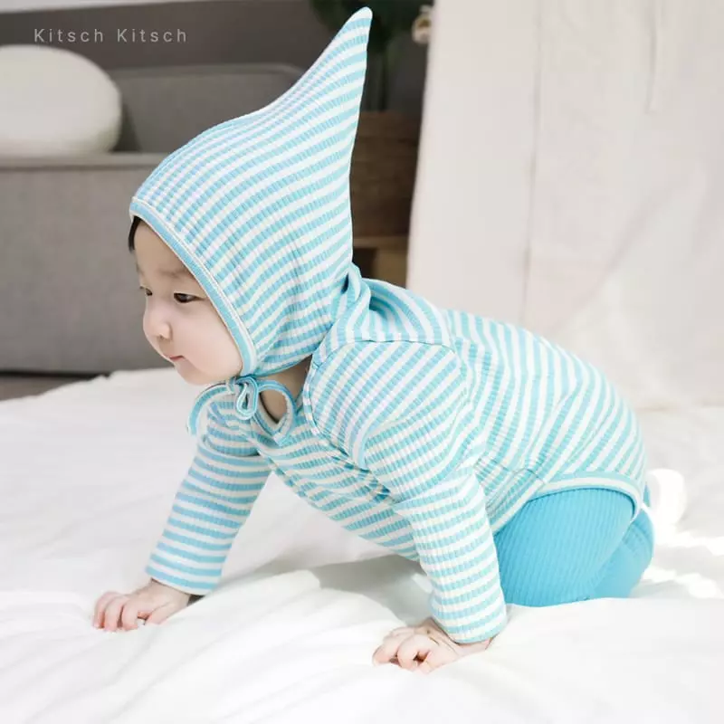 Kitsch Kitsch - Korean Baby Fashion - #babyoutfit - Stripes Rib Bodysuit with Bonnet - 6