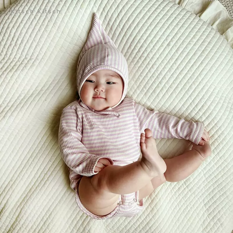 Kitsch Kitsch - Korean Baby Fashion - #onlinebabyboutique - Stripes Rib Bodysuit with Bonnet - 8