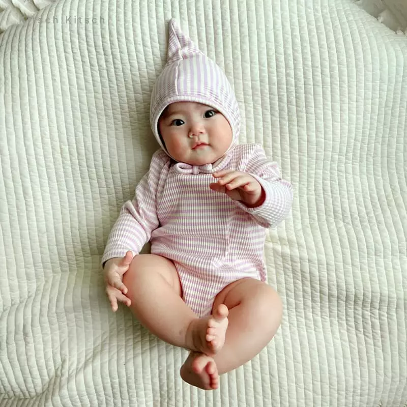 Kitsch Kitsch - Korean Baby Fashion - #onlinebabyshop - Stripes Rib Bodysuit with Bonnet - 9