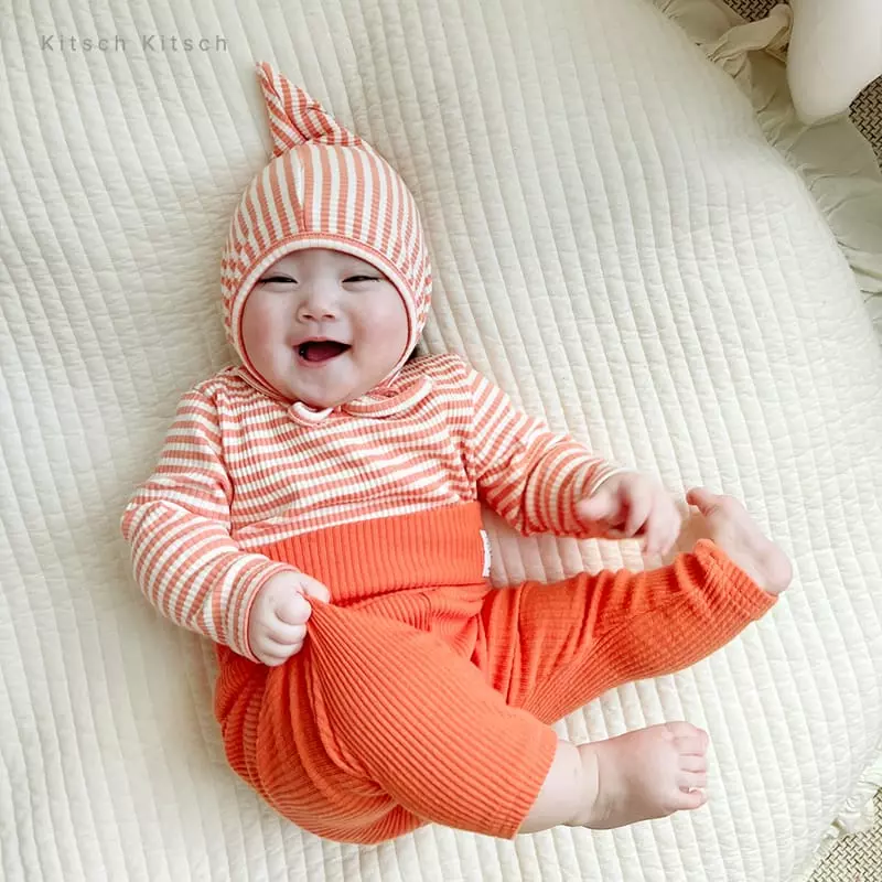 Kitsch Kitsch - Korean Baby Fashion - #smilingbaby - Stripes Rib Bodysuit with Bonnet - 10