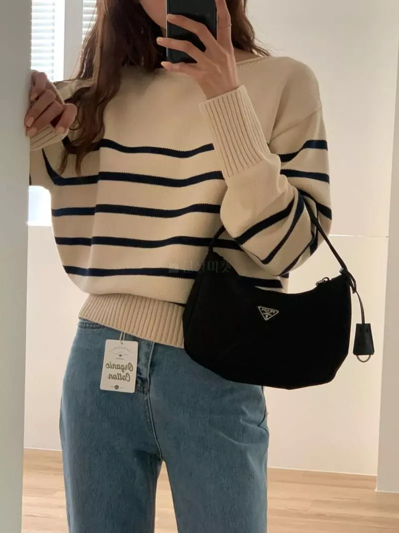 Libre - Korean Women Fashion - #shopsmall - Boat Neck Stripe Knit Tee