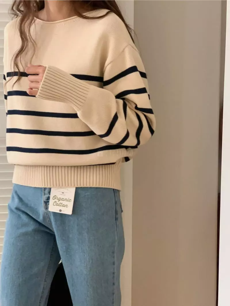 Libre - Korean Women Fashion - #thatsdarling - Boat Neck Stripe Knit Tee - 2