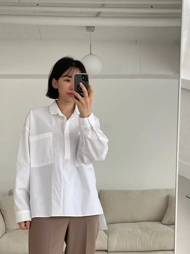 Moi - Korean Women Fashion - #pursuepretty - Pocket Half Open Shrit - 3