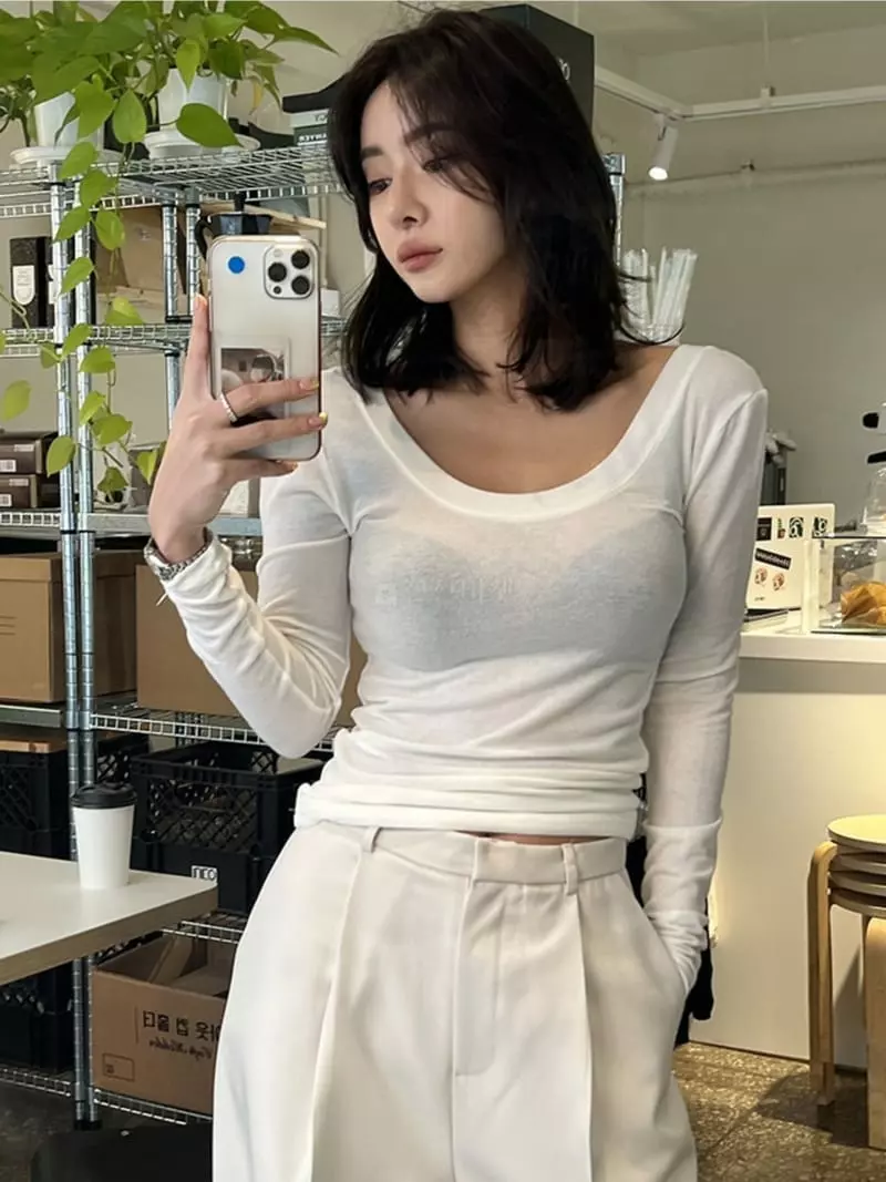 Moment - Korean Women Fashion - #momslook - U-Neck Tee - 2