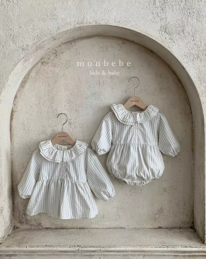 Monbebe - Korean Baby Fashion - #onlinebabyboutique - Stripes Frill Bodysuit - 12