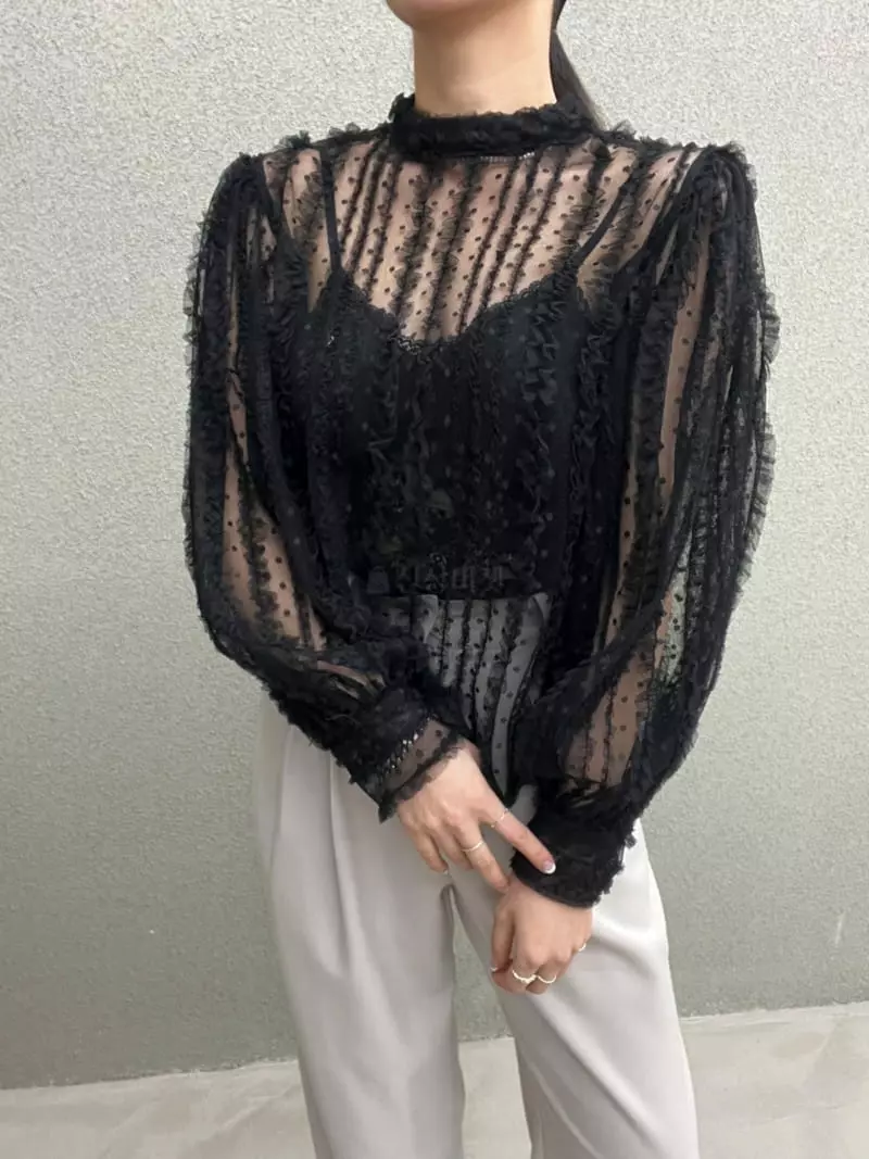 Newtro_Mood - Korean Women Fashion - #momslook - Dot Seethrough Blouse