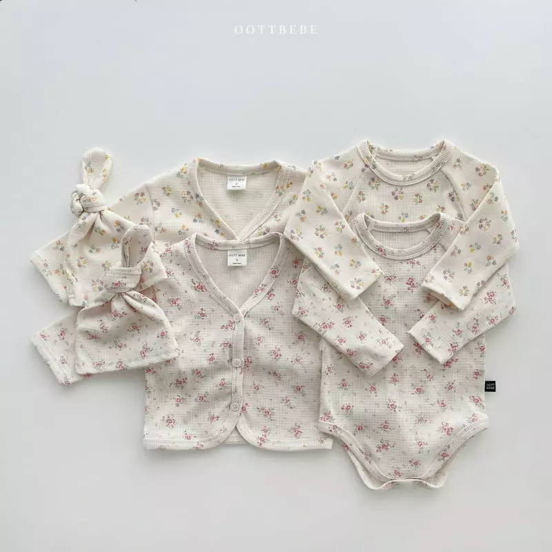 Oott Bebe - Korean Baby Fashion - #babyboutique - Waffle Flower Romper with Cardigan & Bonnet - 10