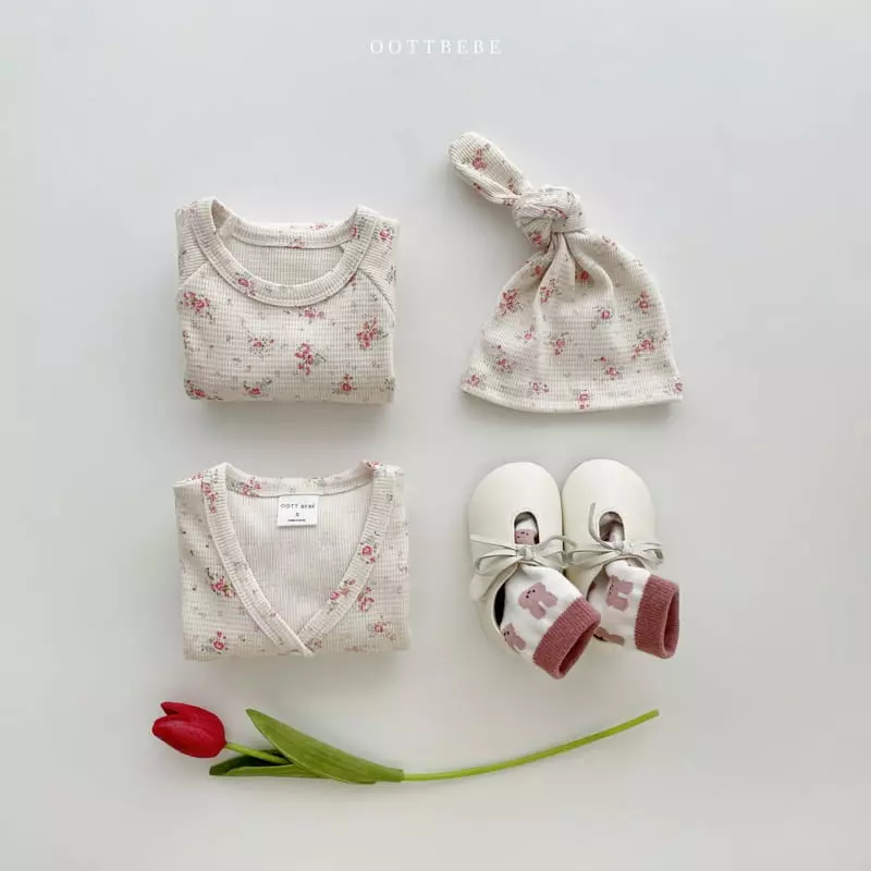 Oott Bebe - Korean Baby Fashion - #babyboutique - Waffle Flower Romper with Cardigan & Bonnet - 11