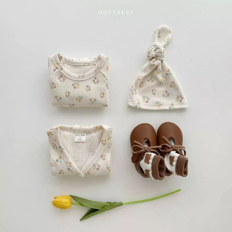 Oott Bebe - Korean Baby Fashion - #babyboutiqueclothing - Waffle Flower Romper with Cardigan & Bonnet - 12