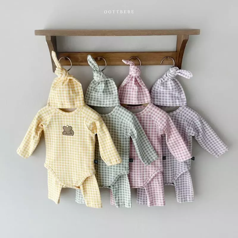Oott Bebe - Korean Baby Fashion - #babyfashion - Juju Check Bonnet Bodysuit Leggings Set - 5