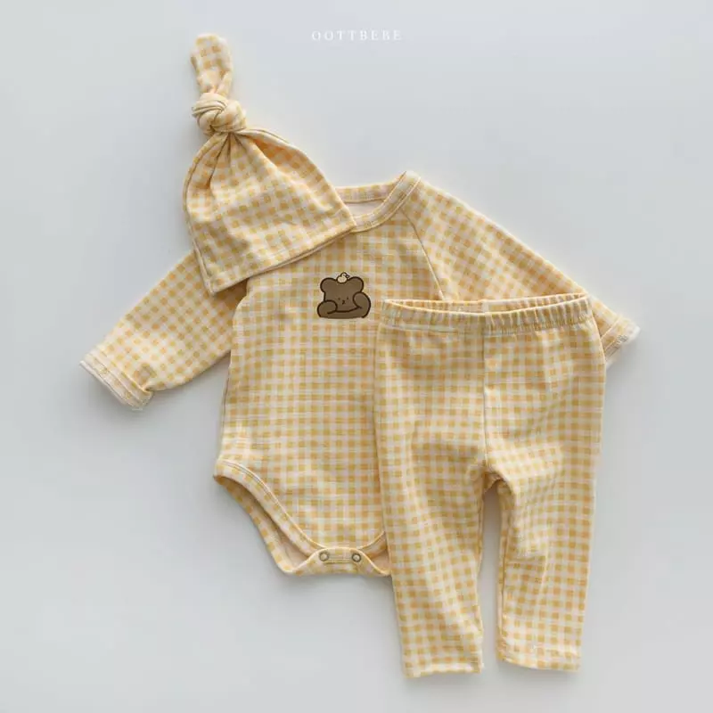 Oott Bebe - Korean Baby Fashion - #babyfever - Juju Check Bonnet Bodysuit Leggings Set - 6