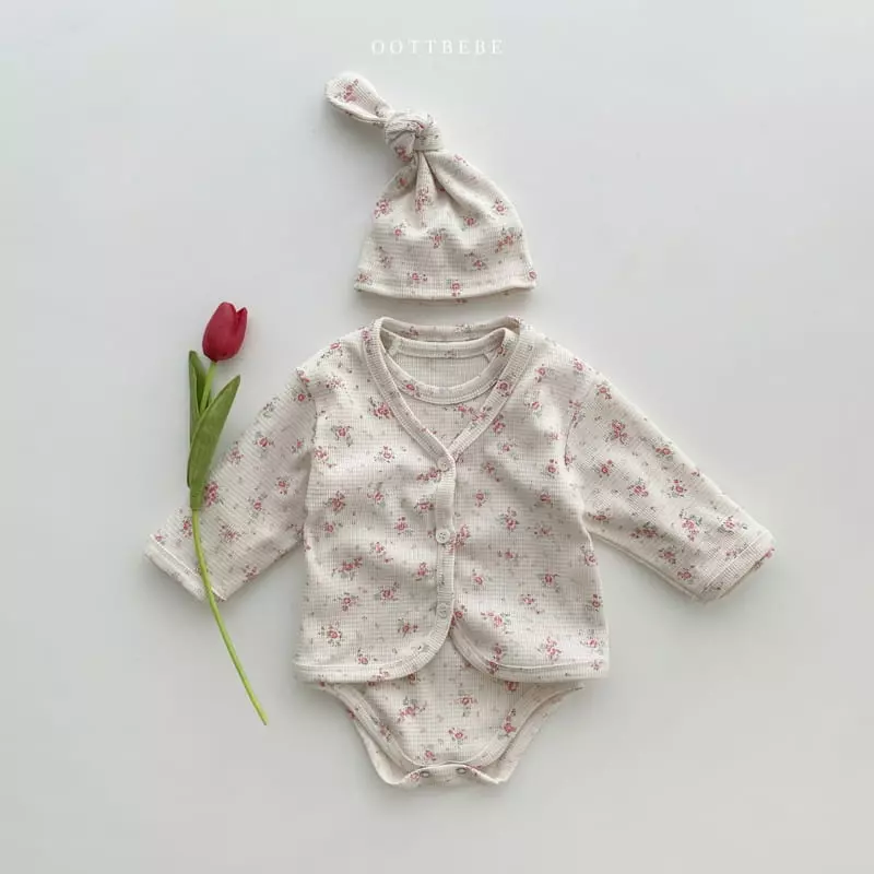 Oott Bebe - Korean Baby Fashion - #babygirlfashion - Waffle Flower Romper with Cardigan & Bonnet