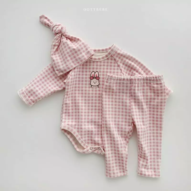 Oott Bebe - Korean Baby Fashion - #babygirlfashion - Juju Check Bonnet Bodysuit Leggings Set - 7