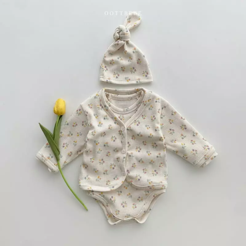 Oott Bebe - Korean Baby Fashion - #babylifestyle - Waffle Flower Romper with Cardigan & Bonnet - 2