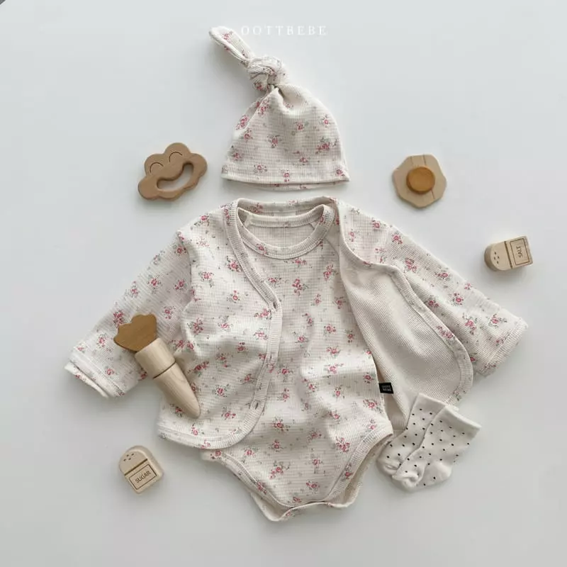 Oott Bebe - Korean Baby Fashion - #babyoninstagram - Waffle Flower Romper with Cardigan & Bonnet - 3