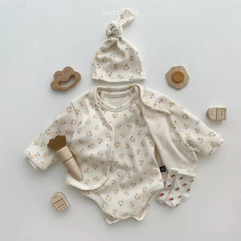 Oott Bebe - Korean Baby Fashion - #babyoninstagram - Waffle Flower Romper with Cardigan & Bonnet - 4