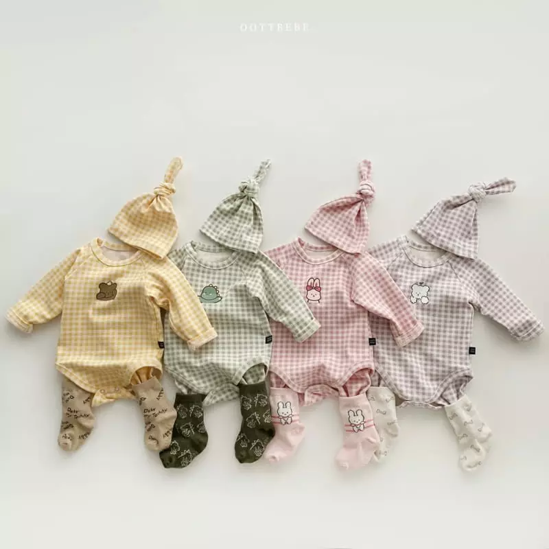 Oott Bebe - Korean Baby Fashion - #babyootd - Juju Check Bonnet Bodysuit Leggings Set - 10