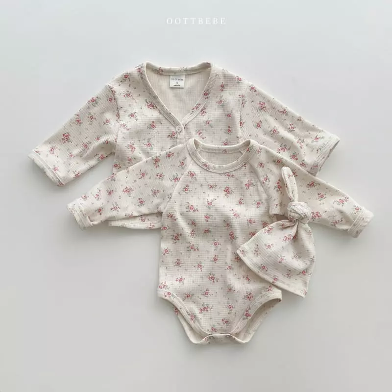 Oott Bebe - Korean Baby Fashion - #babyoutfit - Waffle Flower Romper with Cardigan & Bonnet - 5