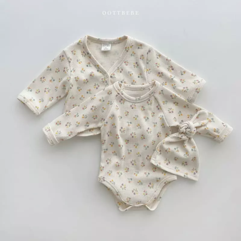 Oott Bebe - Korean Baby Fashion - #babyoutfit - Waffle Flower Romper with Cardigan & Bonnet - 6