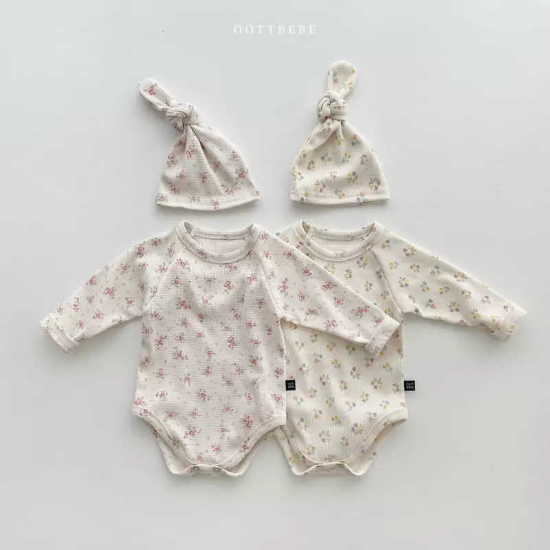 Oott Bebe - Korean Baby Fashion - #onlinebabyboutique - Waffle Flower Romper with Cardigan & Bonnet - 8