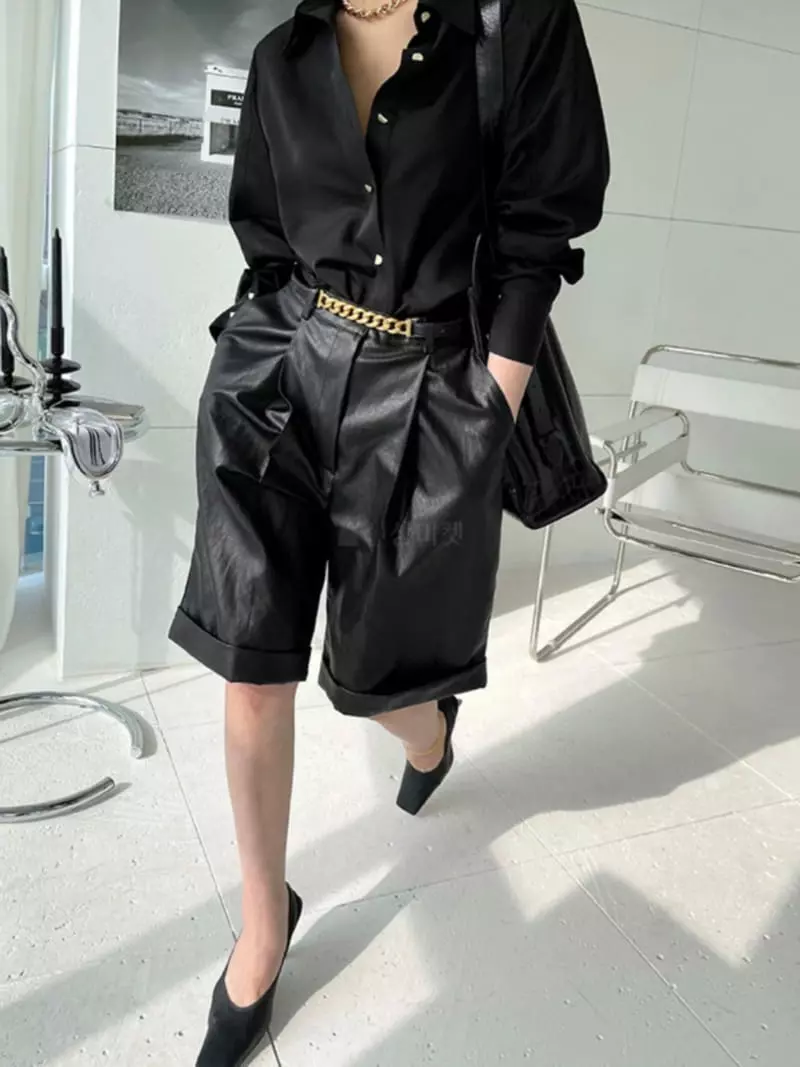 Ouppt - Korean Women Fashion - #vintagekidsstyle - Leather Pants - 2