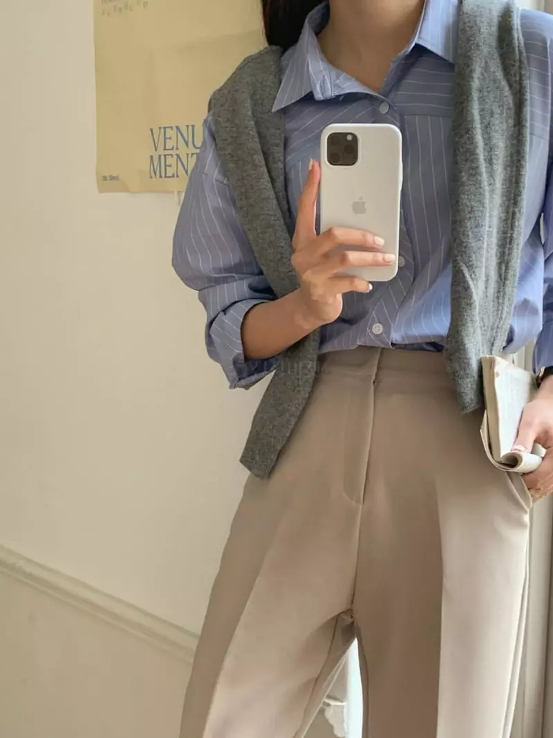 Outrene - Korean Women Fashion - #momslook - Stripe Open Shirt