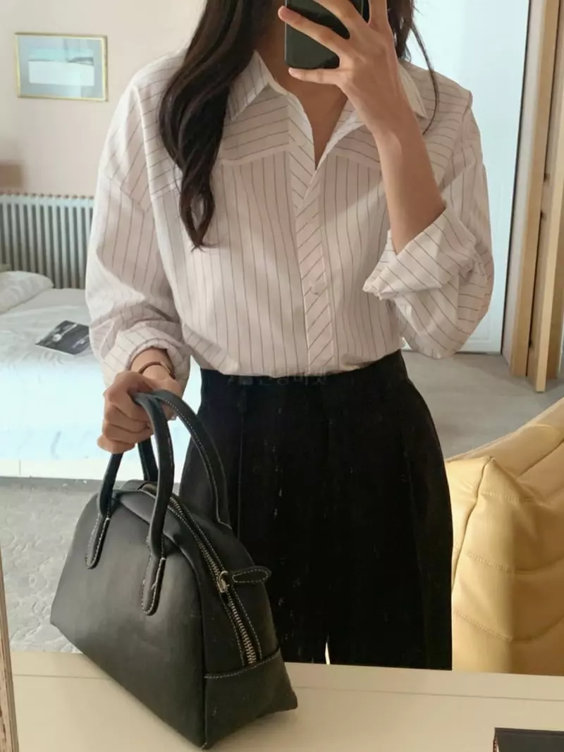 Outrene - Korean Women Fashion - #momslook - Stripe Open Shirt - 3