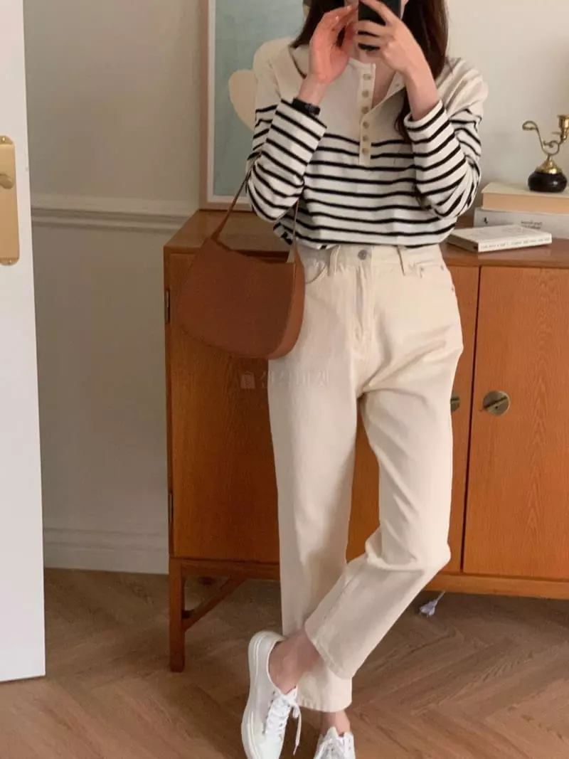 Outrene - Korean Women Fashion - #momslook - Cream Straight Jeans