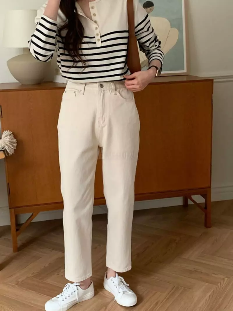 Outrene - Korean Women Fashion - #momslook - Cream Straight Jeans - 3