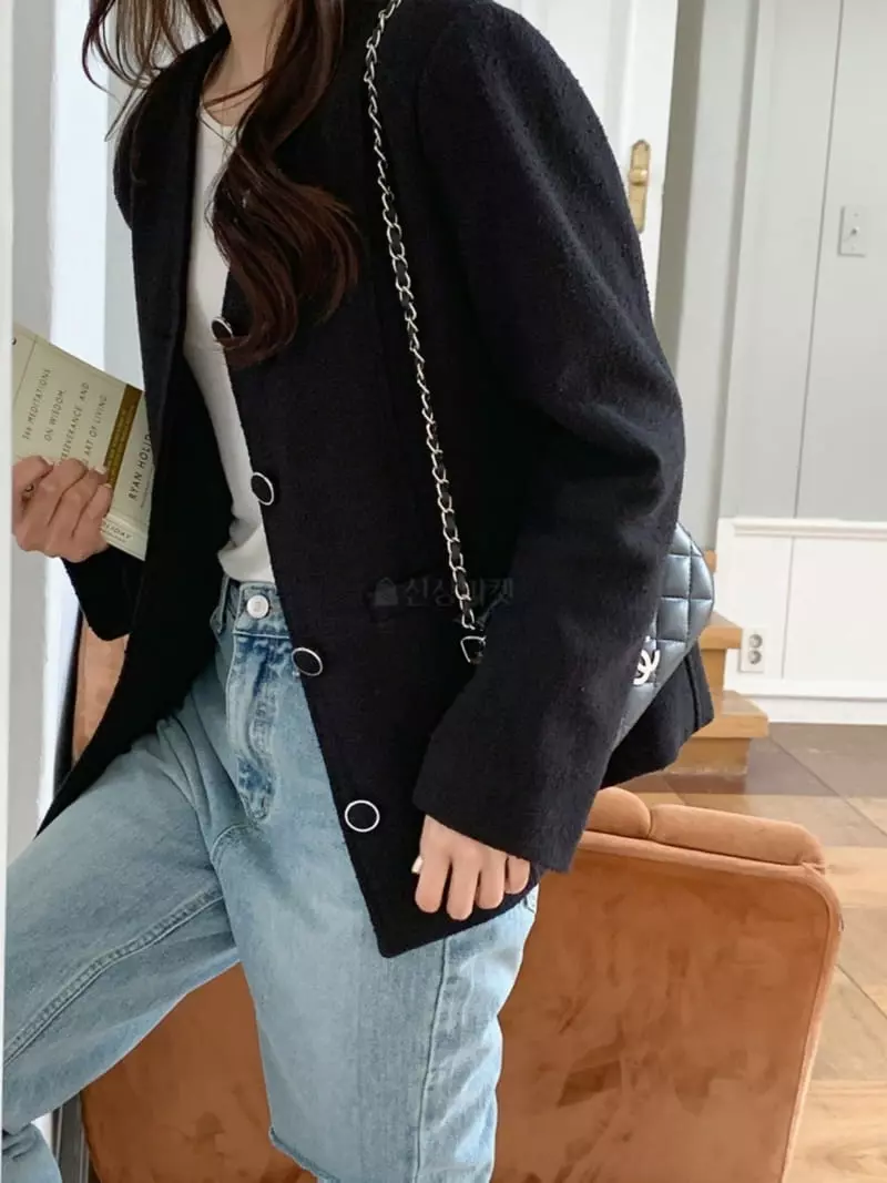 Outrene - Korean Women Fashion - #momslook - No Collar Tweed Jacket