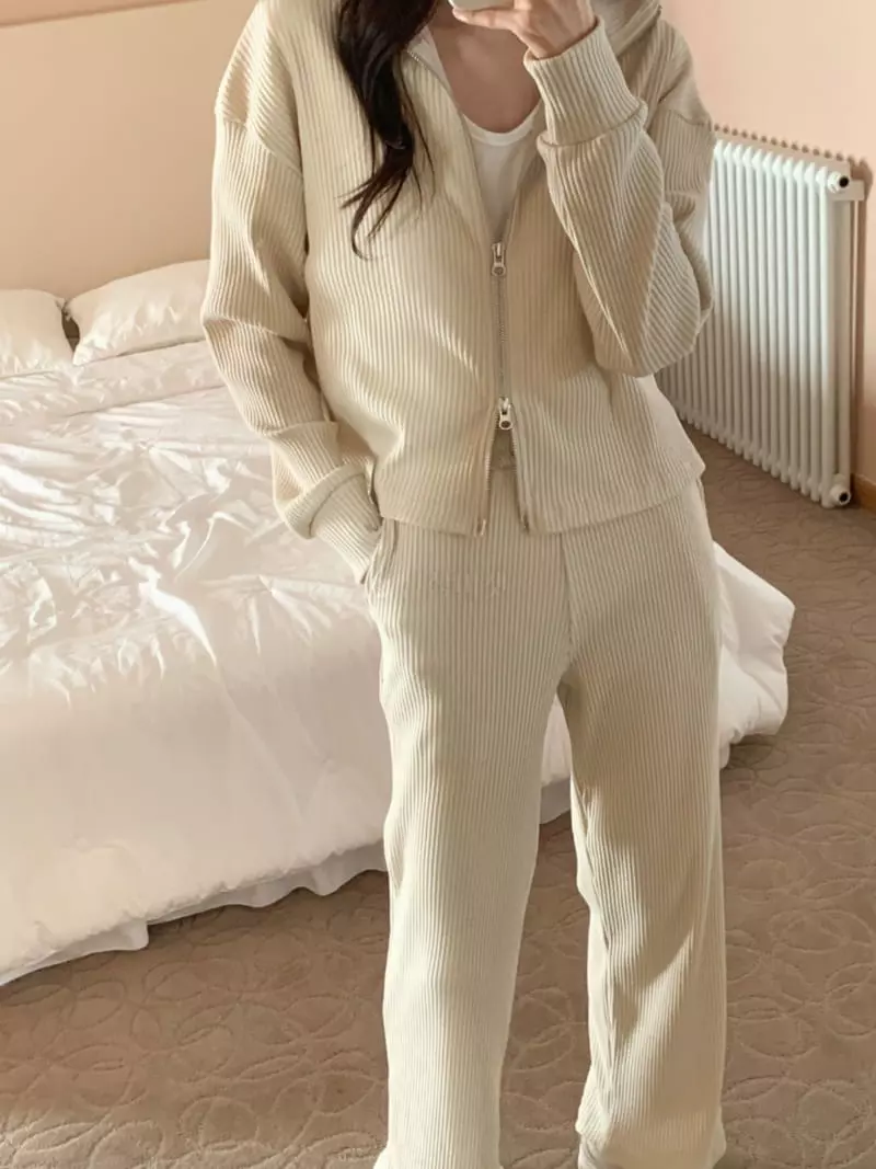 Outrene - Korean Women Fashion - #restrostyle - Rib Top Bottom Zip-up set