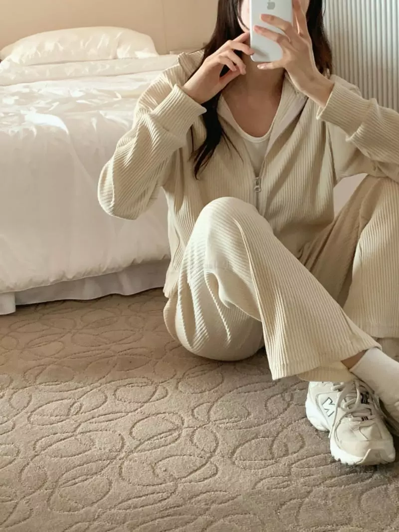 Outrene - Korean Women Fashion - #romanticstyle - Rib Top Bottom Zip-up set - 2